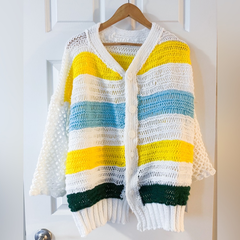 Shaggy Handmade Plant Mom Colour-block Striped Knit Yellow Blue White Cardigan